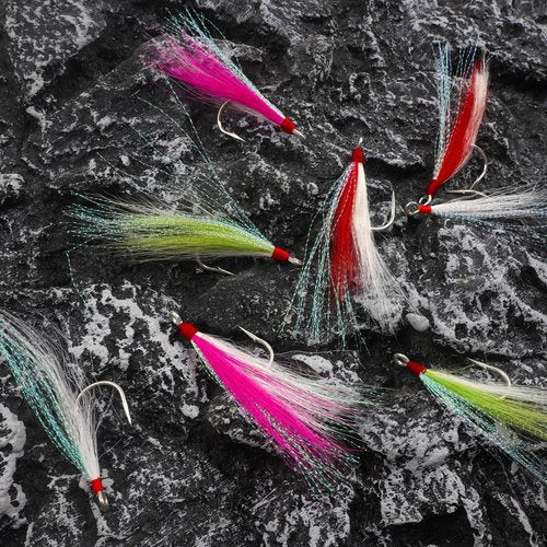 Bucktail Teaser Fishing Hooks,5pcs Saltwater Flounder Rig Stainless Steel Fishing Jig Hooks Bucktail Mylar Flash Teasers Inserted for Striper Catfish Cod Flounder Hi/Lo Rig
