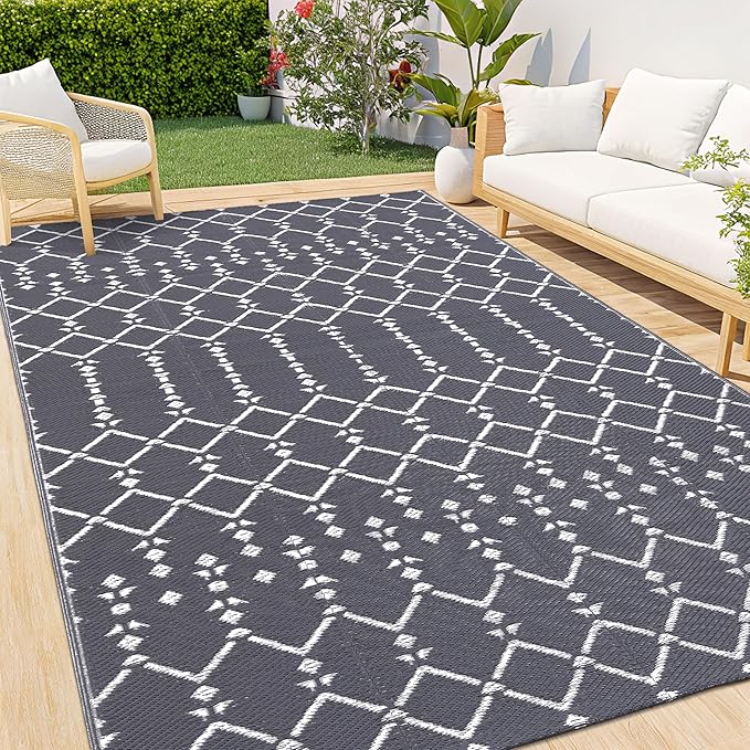Smiry Outdoor Rug 6x9 ft, Waterproof Reversible Plastic Straw Rugs, Boho Outdoor Area Rug, Outside Floor Mat for Patio, Backyard, Deck, Picnic, Beach, Camping, Grey
