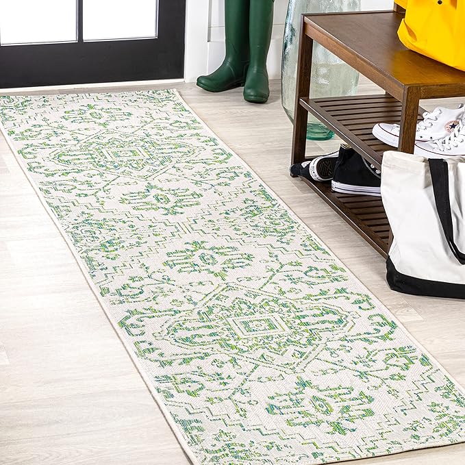 JONATHAN Y SMB105G-210 Estrella Bohemian Medallion Textured Weave Indoor Outdoor Runner Rug, Coastal,Traditional,Transitional Easy Clean,Bedroom,Kitchen,Backyard,Patio, Non-Shed, Green/Cream, 2 X 10