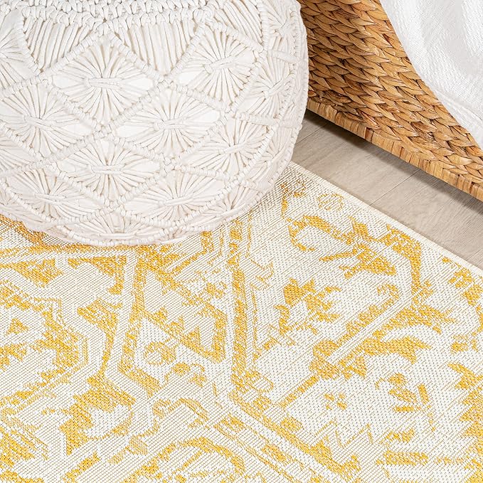 JONATHAN Y SMB105H-5SQ Estrella Bohemian Medallion Textured Weave Indoor Outdoor Area Rug, Coastal Traditional Transitional Easy Cleaning,Bedroom,Kitchen,Backyard,Patio, Cream/Yellow, 5' Square