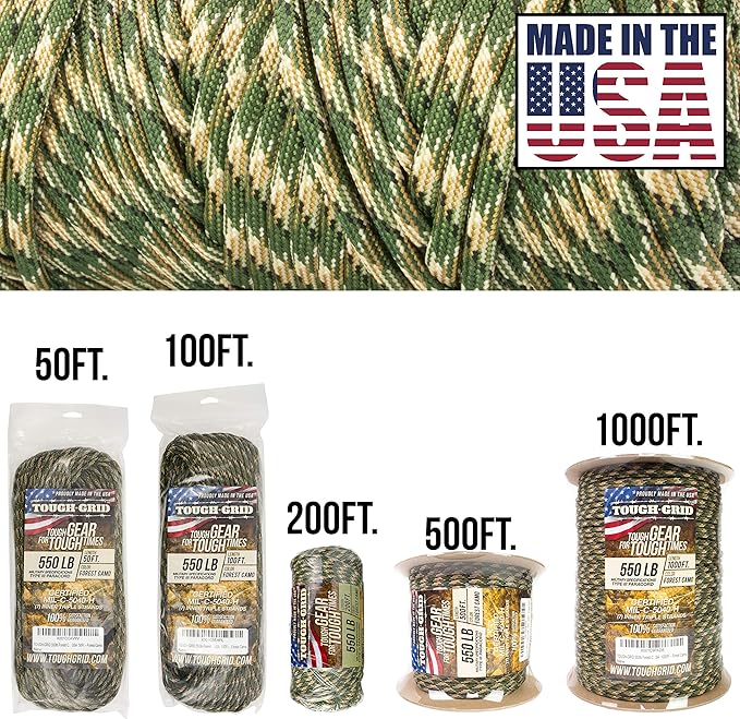 TOUGH-GRID Premium 550lb Paracord Rope -200ft - Forest Camo - 100% Nylon Type III Mil-Spec - UV & Abrasion Resistant - Heavy Duty Strands - Outdoor Survival Rope - Used by US Military - Made in USA