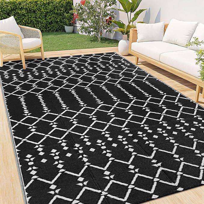 Smiry Outdoor Rug 5x8 ft, Waterproof Reversible Plastic Straw Rugs, Boho Outdoor Area Rug, Outside Floor Mat for Patio, Backyard, Deck, Picnic, Beach, Camping, Black