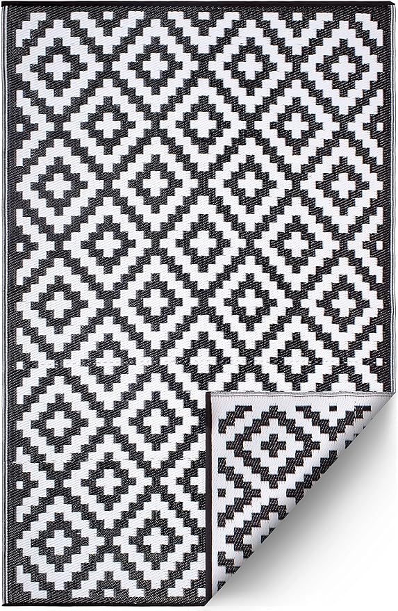 FH Home Outdoor Camping Rug - Waterproof, Fade Resistant, Reversible - Premium Recycled Plastic - Geometric - Large Patio, Deck, Sunroom, RV - Aztec - Black & White - 9 x 12 ft Foldable