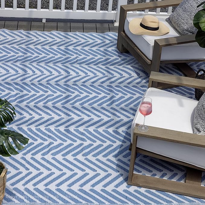FH Home Outdoor Camping Rug - Waterproof, Fade Resistant, Reversible - Premium Recycled Plastic - Herringbone - Large Patio, Deck, Sunroom, RV - Fresno - Light Blue - 9 x 18 ft Foldable