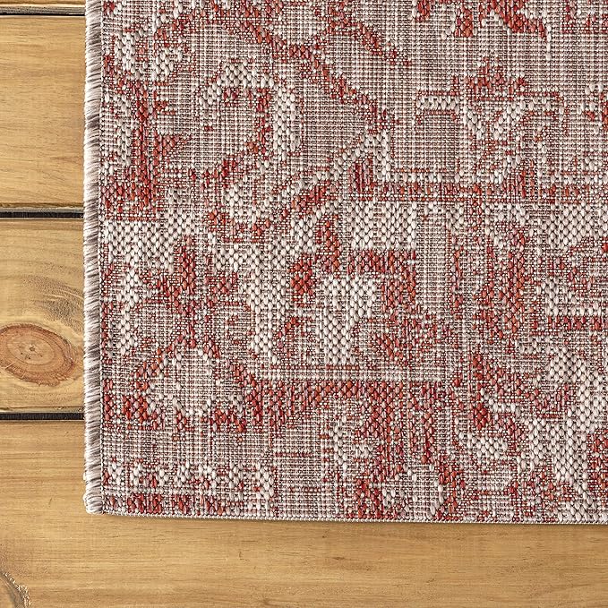 JONATHAN Y SMB105A-5R Estrella Bohemian Medallion Textured Weave Indoor Outdoor Area-Rug Coastal Bohemian Rustic Glam Easy-Cleaning Bedroom Kitchen Backyard Patio Non Shedding, 5' Round, Red/Taupe