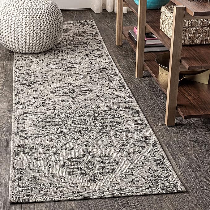 JONATHAN Y SMB105D-28 Estrella Bohemian Medallion Textured Weave Indoor Outdoor Runner Rug Coastal Bohemian Rustic Glam Easy Cleaning Bedroom Kitchen Backyard Patio Non Shedding, 2 X 8, Black/Gray