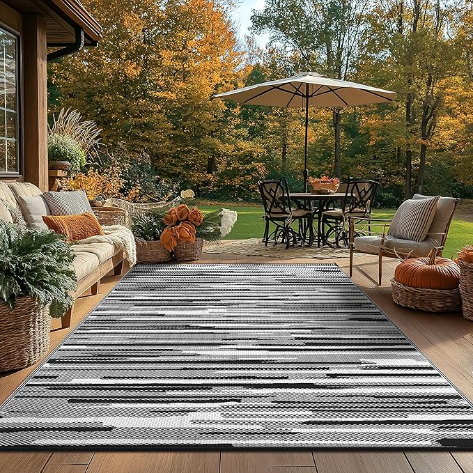 GENIMO Outdoor Rug for Patio Clearance, 9'x12' Waterproof Camping Mat, Reversible Plastic Straw Rugs for RV, Camper, Balcony, Backyard, Picnic, Deck (Black White)