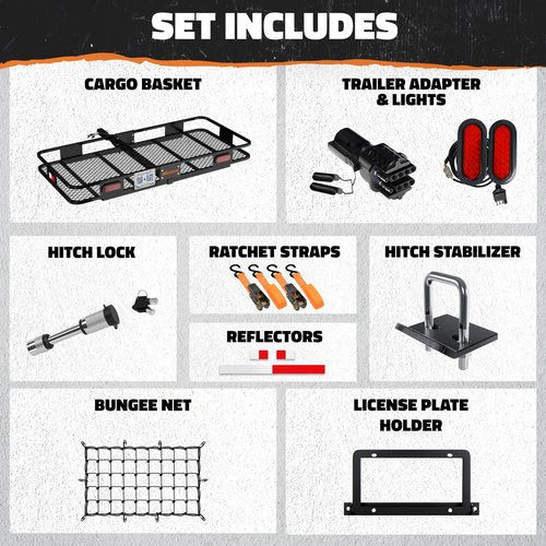 Mockins 60"x20"x6" Folding Trailer Hitch Cargo Carrier w/License Plate Holder, Rear Lights & More | 500Lbs. Cap Cargo Carrier Hitch Mount Basket | Weatherproof Luggage Rack for SUV, Car, Truck & RV