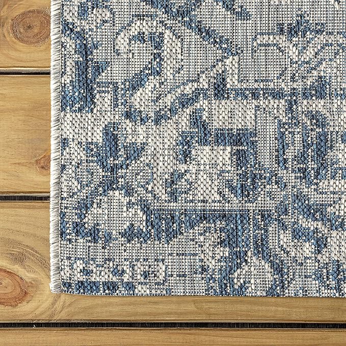 JONATHAN Y SMB105B-5SQ Estrella Bohemian Medallion Textured Weave Indoor Outdoor Area-Rug Coastal Bohemian Rustic Glam Easy-Cleaning Bedroom Kitchen Backyard Patio Non Shedding, 5' Square, Navy/Gray
