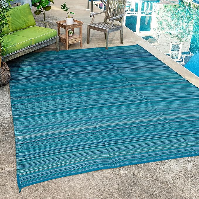 FH Home Outdoor Camping Rug - Waterproof, Fade Resistant, Reversible - Premium Recycled Plastic - Striped - Large Patio, Deck, Sunroom, RV - Havana - Turquoise - 9 x 12 ft Foldable