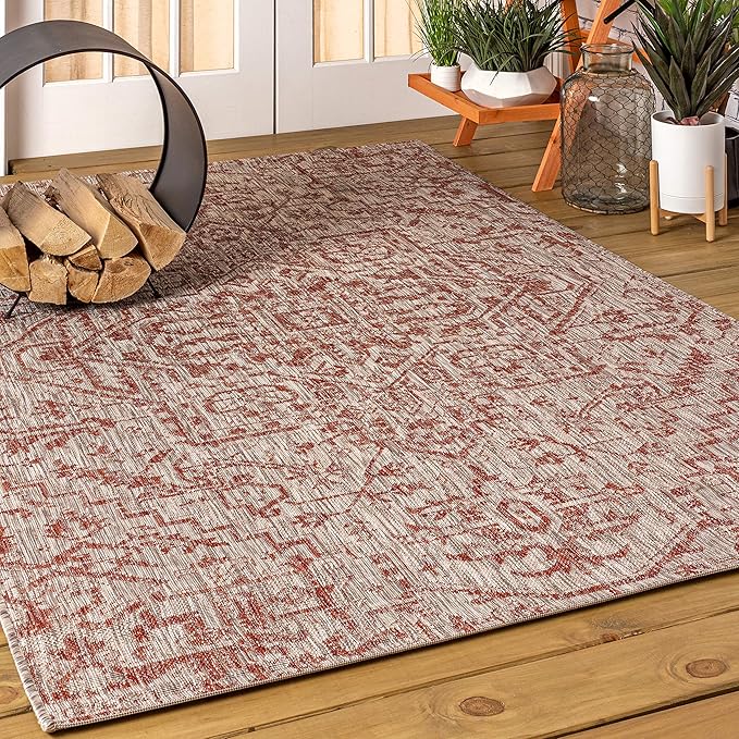 JONATHAN Y SMB105A-14 Estrella Bohemian Medallion Textured Weave Red/Taupe 10 ft. x 14 ft. Indoor/Outdoor Area Rug, Pet Friendly, Non-Shedding, Stain Resistant, Easy-Cleaning for Backyard, Patio