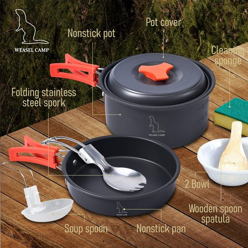 12 piece Camping Cookware Set for Backpacking Gear - Lightweight and Compact Camping Cooking Set - Portable Camping Pots and Pans Set for Hiking, Backpacking, Outdoor Cooking, Picnic and Camping