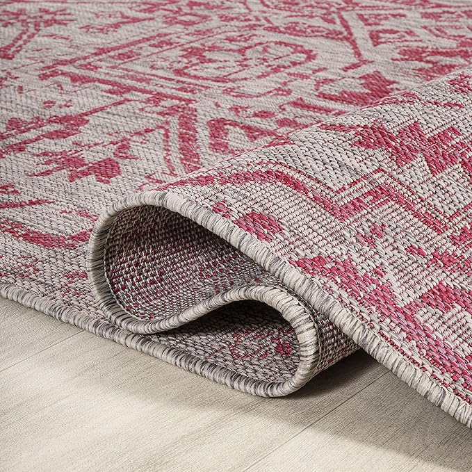 JONATHAN Y SMB105F-9 Estrella Bohemian Medallion Textured Weave Indoor Outdoor Area-Rug, Coastal Traditional Easy-Cleaning,Bedroom,Kitchen,Backyard,Patio,Non Shedding, 9 X 12, Light Gray/Fuchsia
