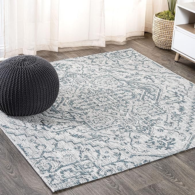JONATHAN Y SMB105C-6SQ Estrella Bohemian Medallion Textured Weave Teal/Gray 6' Square Indoor/Outdoor Area Rug, Pet Friendly, Non-Shedding, Stain Resistant, Easy-Cleaning for Backyard, Patio, Porch
