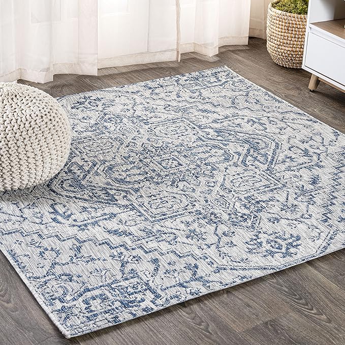 JONATHAN Y SMB105B-4SQ Estrella Bohemian Medallion Textured Weave Indoor/Outdoor Area Rug, Coastal, Traditional, Vintage for Bedroom, Kitchen, Living Room, Easy-Cleaning, Navy/Gray, 4' Square