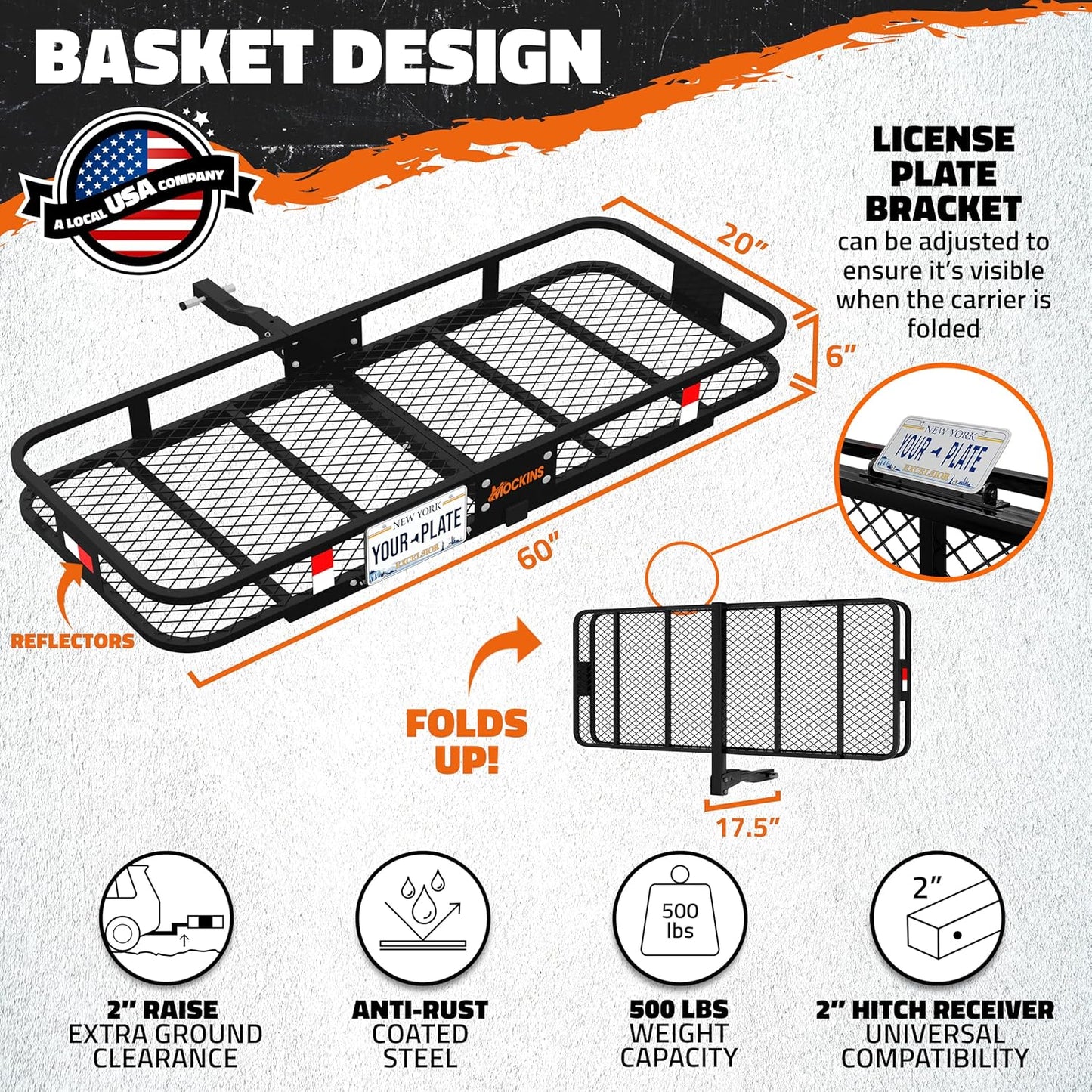Mockins 60"x20"x6" Heavy Duty Trailer Hitch Cargo Carrier w/License Plate Holder & 16 Cu.Ft. Waterproof Cargo Bag for Hitch Carrier | All-Weather 500 Lbs Cap Folding Luggage Rack for SUV Car & Truck
