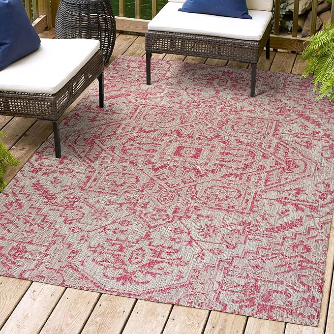 JONATHAN Y SMB105F-4 Estrella Bohemian Medallion Textured Weave Indoor Outdoor Area-Rug, Coastal Traditional Easy-Cleaning,Bedroom,Kitchen,Backyard,Patio,Non Shedding, 4 X 6, Light Gray/Fuchsia