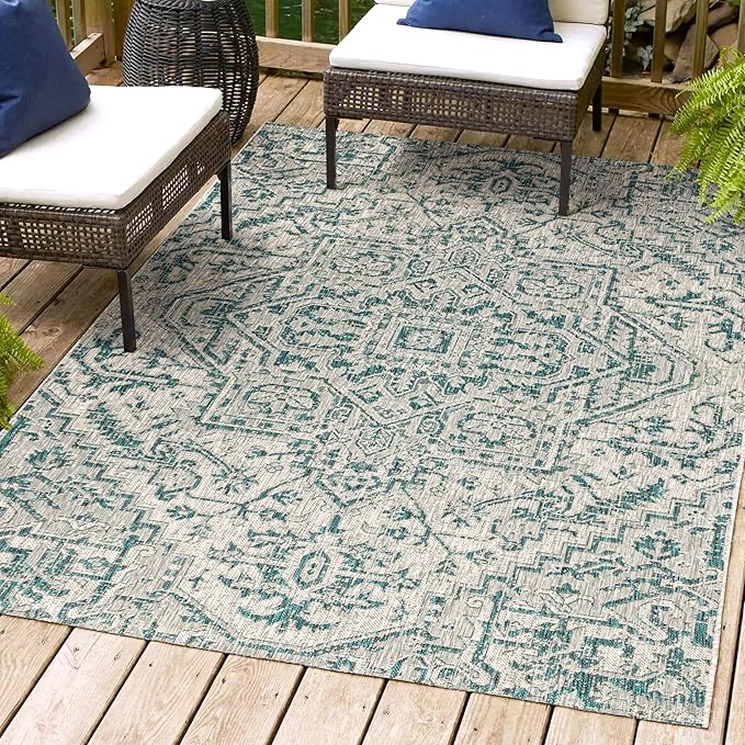JONATHAN Y SMB105C-5 Estrella Bohemian Medallion Textured Weave Teal/Gray 5 ft. x 8 ft. Indoor/Outdoor Area Rug Coastal, Traditional, Transitional, Perfect for Backyard, Patio, Porch