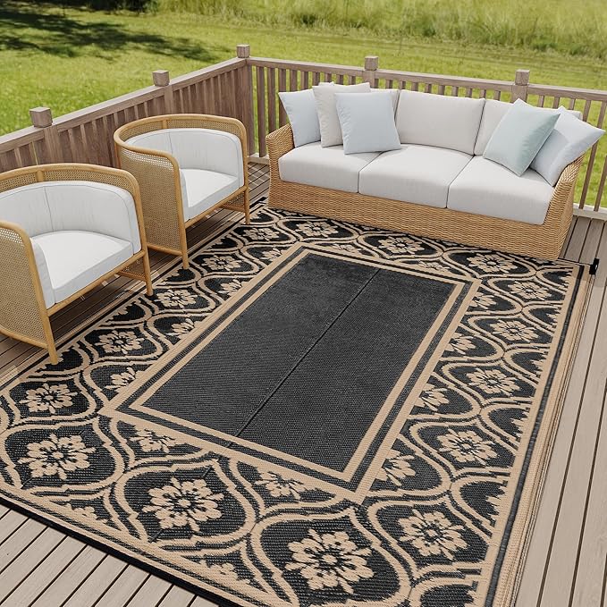 Plastic Outdoor Rug 6'x9' Waterproof Camping Carpet Outside Area Rug Reversible Brown Rugs for RV Deck Entryance Porch Picnic Balcony Beach