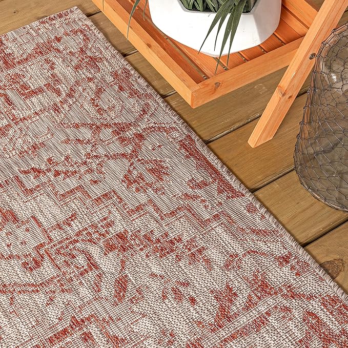 JONATHAN Y SMB105A-9SQ Estrella Bohemian Medallion Textured Weave Red/Taupe 9' Square Indoor/Outdoor Area Rug, Pet Friendly, Non-Shedding, Stain Resistant, Easy-Cleaning for Backyard, Patio, Porch