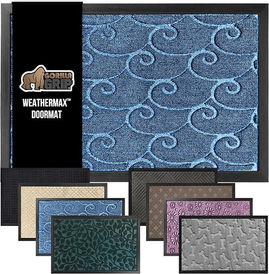 GORILLA GRIP 100% Waterproof All-Season WeatherMax Doormat, 23x35, Durable Natural Rubber, Stain and Fade Resistant, Low Profile, Indoor Outdoor Doormats, Easy Clean Patio Entry Mat, Ocean Blue Waves
