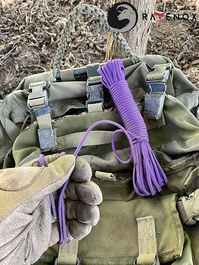 Ravenox Type III 550 Paracord | Genuine Military 550 Cord (Purple)(50 Feet)| 7 Inner Strand, 100% Twisted Nylon Cordage | Parachute Cord Rope for Military, Survival, Outdoor Recreation | Made in USA