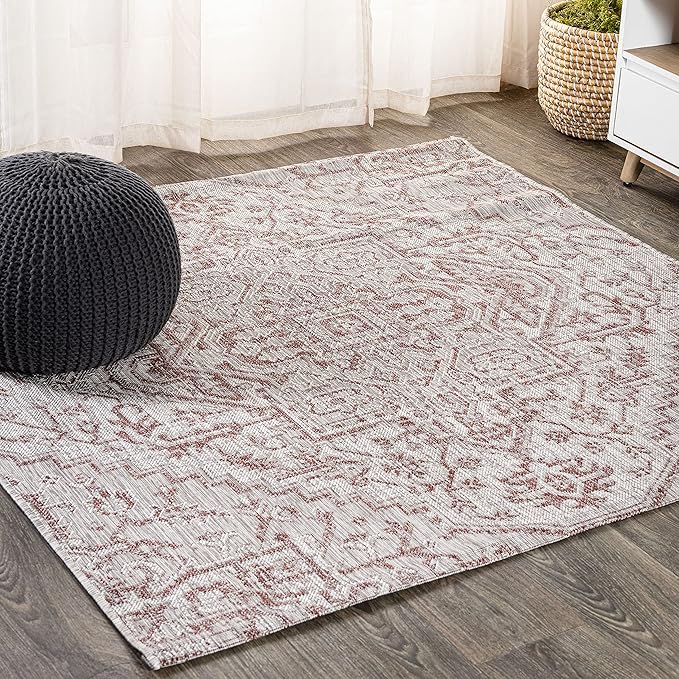 JONATHAN Y SMB105A-3SQ Estrella Bohemian Medallion Textured Weave Red/Taupe 3' Square Indoor/Outdoor Area Rug, Pet Friendly, Non-Shedding, Stain Resistant, Easy-Cleaning for Backyard, Patio, Porch