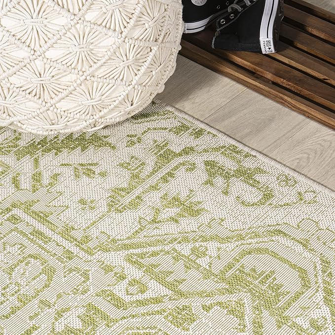 JONATHAN Y SMB105E-210 Estrella Bohemian Medallion Textured Weave Indoor Outdoor Runner Rug, Coastal Traditional Easy-Cleaning,Bedroom,Kitchen,Backyard,Patio,Non Shedding 2 X 10, Cream/Green