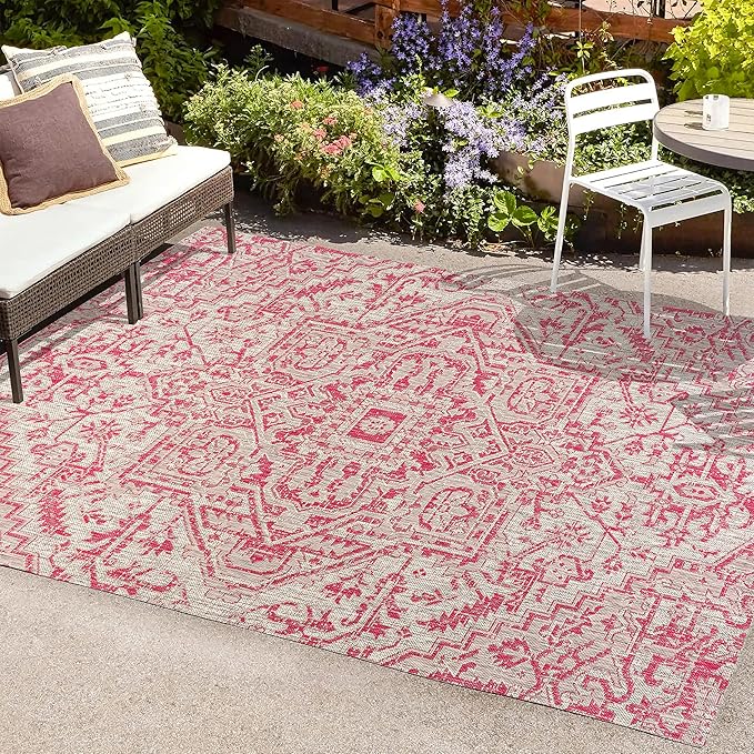 JONATHAN Y SMB105F-9 Estrella Bohemian Medallion Textured Weave Indoor Outdoor Area-Rug, Coastal Traditional Easy-Cleaning,Bedroom,Kitchen,Backyard,Patio,Non Shedding, 9 X 12, Light Gray/Fuchsia
