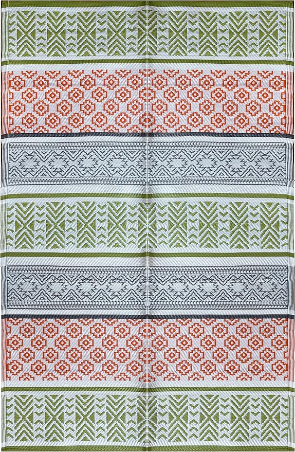 BalajeesUSA Outdoor Rugs 9x12 ft Large Plastic Patio Green, Orange Affordable Multipurpose Woven Plastic Straw All-Weather Waterproof Reversible Camper mat Backyard Picnic Sports Camps Tent