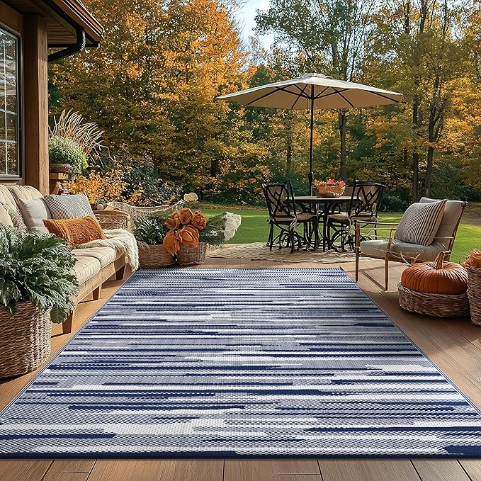 GENIMO Outdoor Rug for Patio Clearance, 6'x9' Waterproof Camping Mat, Reversible Plastic Straw Rugs for RV, Camper, Balcony, Backyard, Picnic, Deck (Blue White)