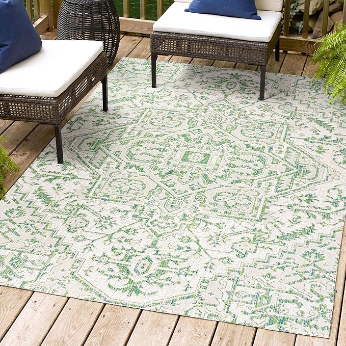 JONATHAN Y SMB105G-9 Estrella Bohemian Medallion Textured Weave Indoor Outdoor Area-Rug, Coastal Traditional Easy-Cleaning,Bedroom,Kitchen,Backyard,Patio,Non Shedding, 9 X 12, Green/Cream