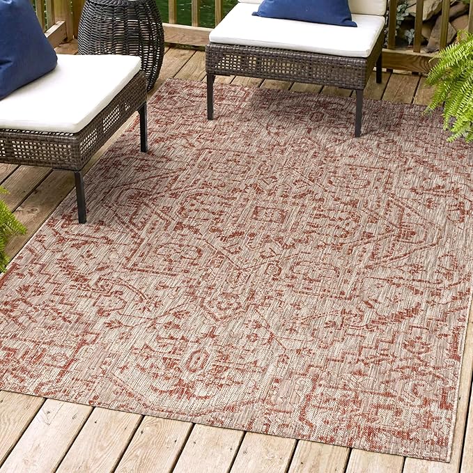 JONATHAN Y SMB105A-8 Estrella Bohemian Medallion Textured Weave Red/Taupe 8 ft. x 10 ft. Indoor/Outdoor Area Rug Coastal, Traditional, Transitional, Perfect for Backyard, Patio, Porch