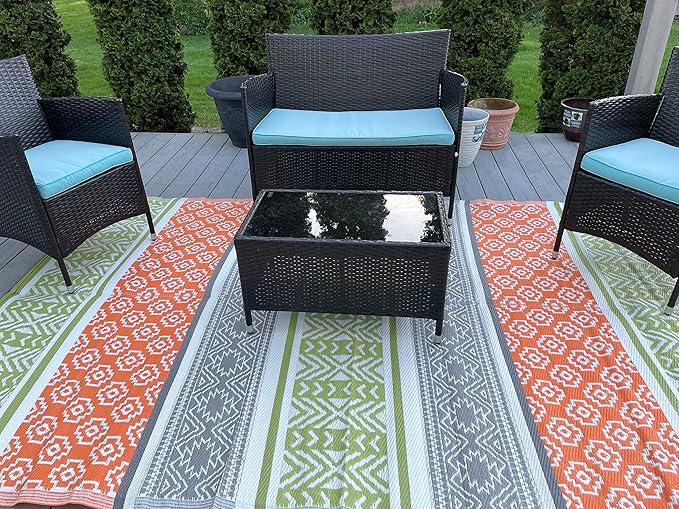 BalajeesUSA Outdoor Plastic Patio Rugs – 5x7 ft Green,Orange,Multipurpose,Woven Plastic Straw, All-Weather and Waterproof, Reversible Camper mat Sports Camp Backyard Picnic 711