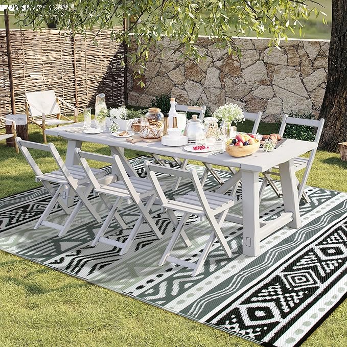 Lahome Outdoor Plastic Straw Rug, Reversible Outdoor Rug Waterproof 9x12 Rugs for Patio, RV Camping Rug Picnic Mat Outside Large Carpet for Beach Deck Backyard Balcony(Grey/Black,9'x 12')