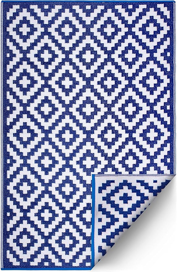FH Home Outdoor Rug - Waterproof, Fade Resistant, Reversible - Premium Recycled Plastic - Geometric - Large Patio, Deck, Sunroom, Camping, RV - Aztec - Blue & White Crease Free - 6 x 9 ft