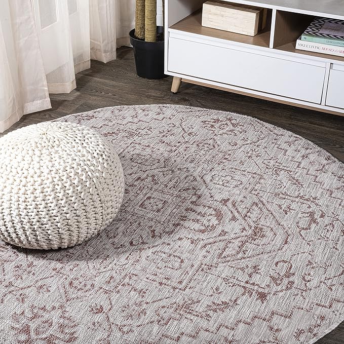 JONATHAN Y SMB105A-8R Estrella Bohemian Medallion Textured Weave Red/Taupe 8' Round Indoor/Outdoor Area Rug, Pet Friendly, Non-Shedding, Stain Resistant, Easy-Cleaning for Backyard, Patio, Porch