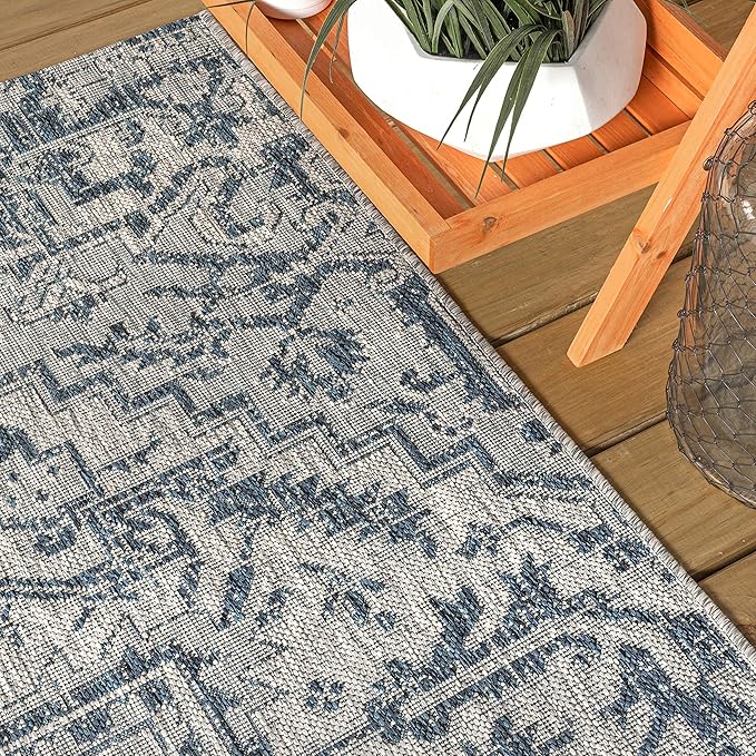 JONATHAN Y SMB105B-8R Estrella Bohemian Medallion Textured Weave Indoor/Outdoor Area Rug, Coastal, Traditional, Vintage for Bedroom, Kitchen, Living Room, Easy-Cleaning, Navy/Gray, 8' Round