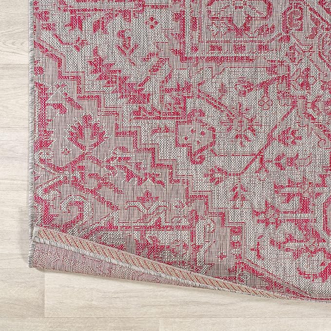 JONATHAN Y SMB105F-5R Estrella Bohemian Medallion Textured Weave Indoor Outdoor Area Rug, Coastal, Vintage, Rustic Easy Clean,Bedroom,Kitchen,Backyard,Patio, Non-Shed, Light Gray/Fuchsia, 5' Round