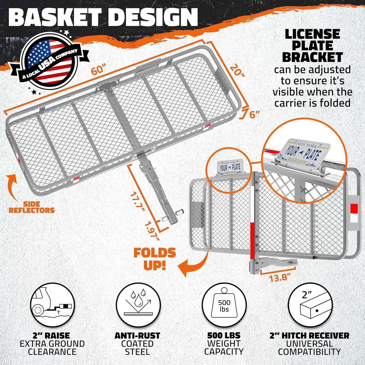 Mockins 60"x20"x6" Folding Trailer Hitch Cargo Carrier w/ 20 Cu.Ft. Waterproof Cargo Bag for Hitch Carrier | 500 Lbs. Capacity Weatherproof Luggage Rack for SUV Car & Truck w/Car Trailer Accessories