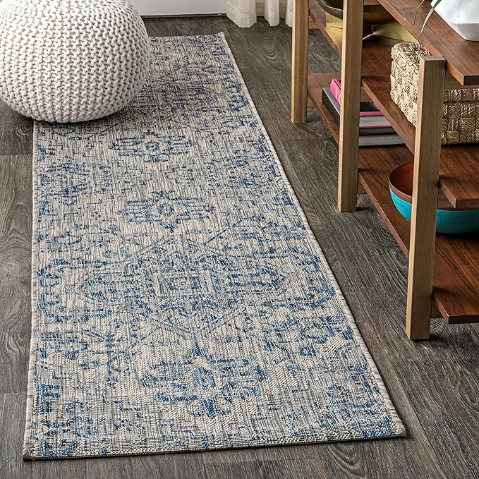 JONATHAN Y SMB105B-28 Estrella Bohemian Medallion Textured Weave Indoor Outdoor Runner Rug Coastal Bohemian Rustic Glam Easy Cleaning Bedroom Kitchen Backyard Patio Non Shedding, 2 X 8, Navy/Gray