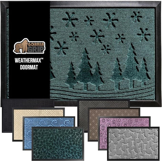 GORILLA GRIP 100% Waterproof All-Season WeatherMax Doormat, Durable Natural Rubber, Stain and Fade Resistant, Low Profile Winter Indoor Outdoor Door Mats, Holiday Entrance Mat, 17x29, Green Snowscape