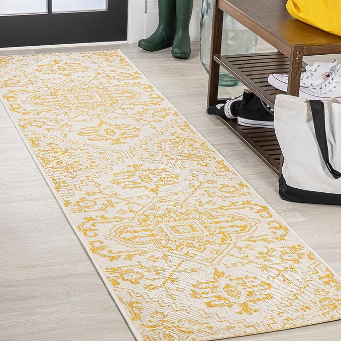JONATHAN Y SMB105H-28 Estrella Bohemian Medallion Textured Weave Indoor Outdoor Runner Rug, Coastal Traditional Transitional Easy Cleaning,Bedroom,Kitchen,Backyard,Patio, Cream/Yellow, 2 X 8