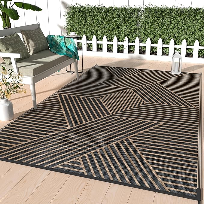GENIMO Outdoor Rug 9'x12' for Patio Waterproof Clearance, Reversible Outdoor Plastic Straw Rug, Lightweight Carpet Camping Mat for Rv, Camper, Picnic, Balcony, Backyard, Deck, Porch, Black & Brown