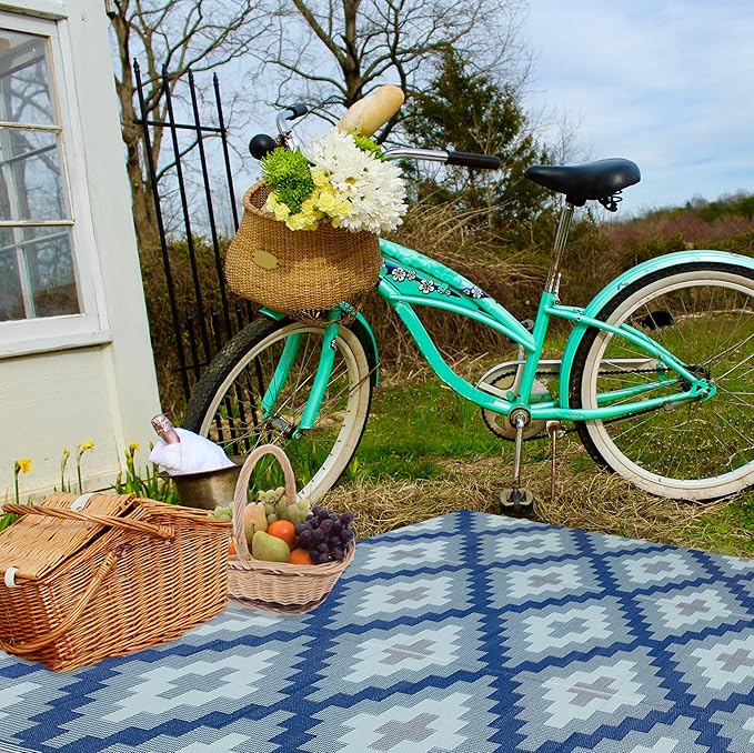 FH Home Outdoor Camping Rug - Waterproof, Fade Resistant, Reversible - Premium Recycled Plastic - Geometric - Large Patio, Deck, Sunroom, RV - Aztec Kilim - Blue Multi - 9 x 12 ft Foldable