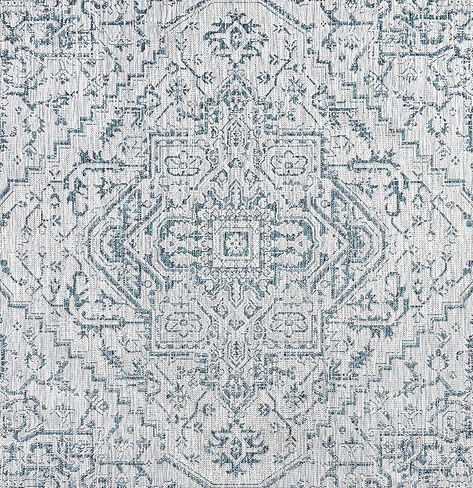 JONATHAN Y SMB105C-4SQ Estrella Bohemian Medallion Textured Weave Teal/Gray 4' Square Indoor/Outdoor Area Rug, Pet Friendly, Non-Shedding, Stain Resistant, Easy-Cleaning for Backyard, Patio, Porch