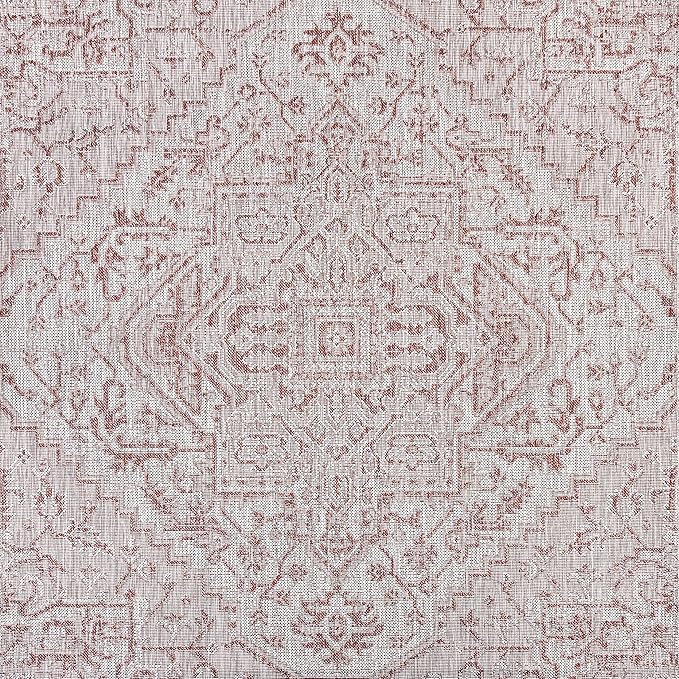 JONATHAN Y SMB105A-8SQ Estrella Bohemian Medallion Textured Weave Red/Taupe 8' Square Indoor/Outdoor Area Rug, Pet Friendly, Non-Shedding, Stain Resistant, Easy-Cleaning for Backyard, Patio, Porch